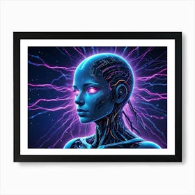 Digital Illustration Of A Female Android With Metallic Blue Skin And Glowing Pink Eyes Art Print