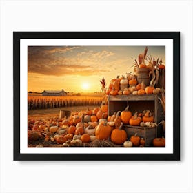 A Vintage Style Autumn Harvest Composition Showcasing Piles Of Pumpkins And Corn Cobs Scattered In (5) Art Print