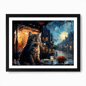 Cat and Cafe Terrace at Night Van Gogh inspired Art Print