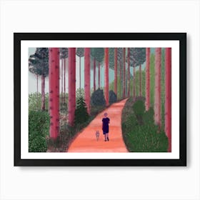 Walk In The Forest A Boy And A Dog Walk Along A Forest Road 1 Art Print