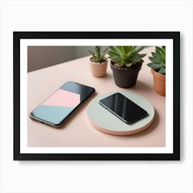 A Minimalist Image Of Two Smartphones On A Wireless Charging Pad With Succulents In The Background, Creating A Clean And Modern Aesthetic Art Print