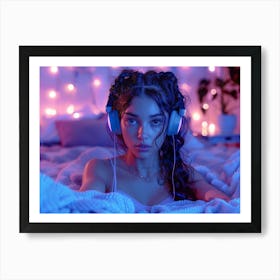 Beautiful Young Woman Listening To Music In Bed Art Print