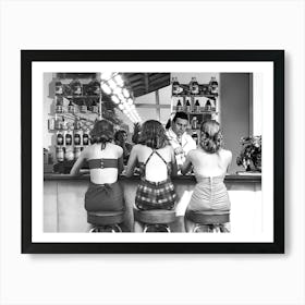 Young Women Sitting at Bar, Bat Cart Decor, Vintage Black and White Old Photo Art Print