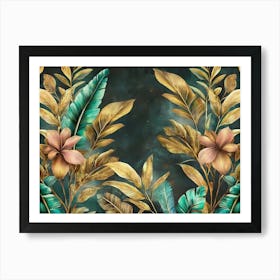 Tropical Seamless Border Luxury Illustration Exotic Green Beige Brown Pink Golden Leaves Vintage Art Print