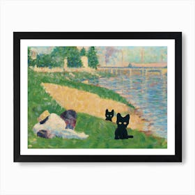 Katze am Seine-Ufer Poster im Seurat-Stil für Wohnzimmer