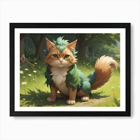 A Cute, Cartoon Style Illustration Of A Furry Orange And White Cat With Green Hair, Wearing A Green Shirt, Standing On A Path In A Forest, Surrounded By Green Grass And Flowers Art Print