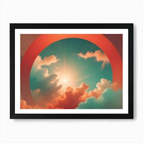 A Whimsical, Abstract Composition Of A Bright Sun Shining Through A Cloudy Sky With A Red Circle Framing The Scene Art Print