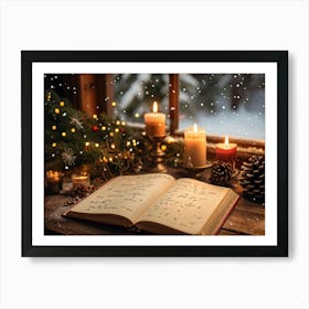 Festive Christmas Journal Open On A Wooden Desk Adorned With Pine Cones And Flickering Candles Pag Art Print