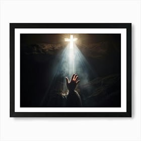 An Ultra Realistic Depiction Of A Hand Raised In A Gesture Of Prayer Emerging From Darkness Into A (5) Art Print