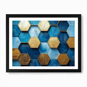 3D Blue And Gold Hexagons Art Print