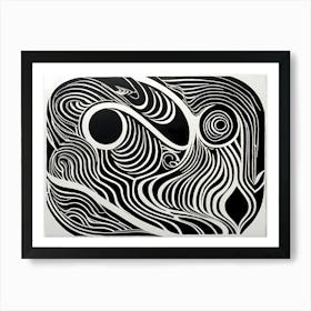 A Linocut Piece Depicting A Mysterious Abstract Shapes, black and white art, 191 Art Print