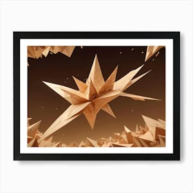 3d Illustration Of A Gold, Geometric, Star Shaped Object Surrounded By Smaller, Jagged Pieces, Creating A Sense Of Explosion Or Chaos Art Print