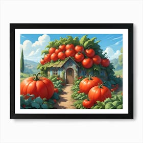 Tiny Blue Cottage Overgrown With Tomatoes Art Print