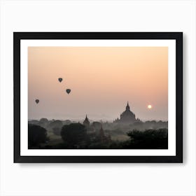 Hot Air Balloons Floating In Myanmar Foggy Sunset Art Print