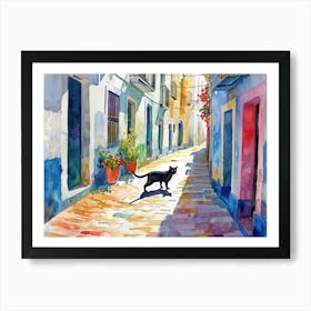 Cadiz, Spain   Cat In Street Art Watercolour Painting 1 Art Print