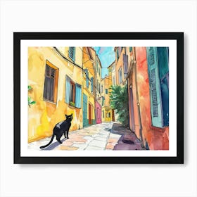 Marseille, France   Cat In Street Art Watercolour Painting 4 Art Print