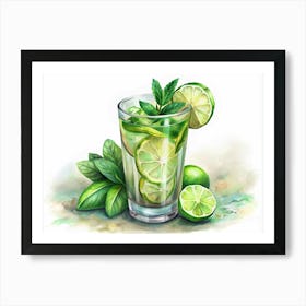 Watercolor Illustration Of A Glass Of Lime And Mint Drink Art Print