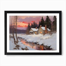 Winter Cabins By River Art Print