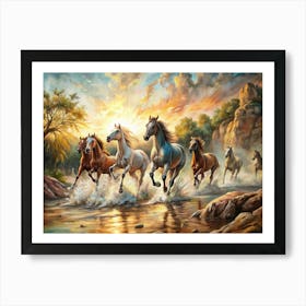 Horses Running In The River Art Print