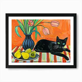 Black Cat With Tulips 8 Art Print