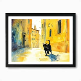 Black Cat In Florence Firenze, Italy, Street Art Watercolour Painting 1 Art Print