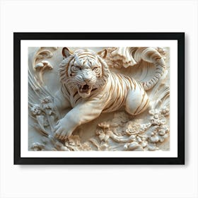 A Fierce Tiger Prowling 3d Carved from Marble Stone Art Print