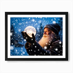 A Snowy Holiday Evening Time Scene Featuring A Man Holding A Luminous Orb That Glimmers With Encapsu (1) Art Print