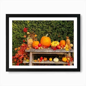 Autumnal Still Life Composition Featuring A Wooden Table Set In A Rustic Garden During The Golden Ho (2) Art Print