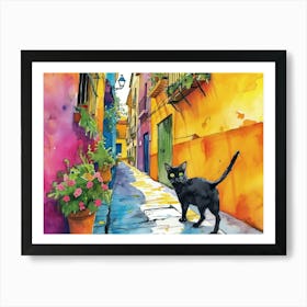 Valencia, Spain   Cat In Street Art Watercolour Painting 3 Art Print