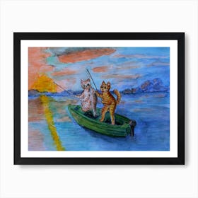 Cats Have Fun Cats Fishing On A Boat At Sunset Art Print