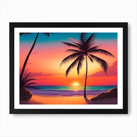 A Tranquil Beach At Sunset Horizontal Illustration 13 Art Print