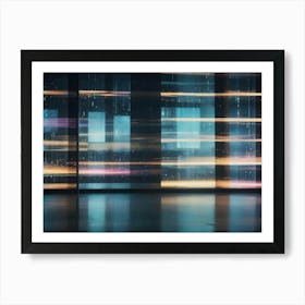 An Empty Room With Large Windows Showcasing A City At Night, Blurred And Shimmering With Lights Art Print