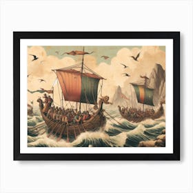 Viking Ships vintage art Art Print