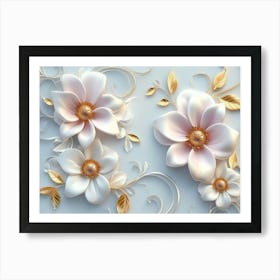 3d Art with White and Pink Flowers, Golden Swirls and Leaves on Light Blue Background Póster