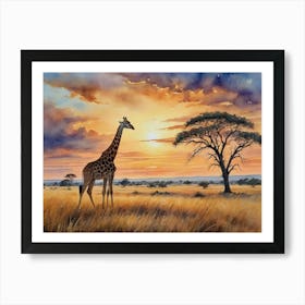 Land of the Setting Sun Sunset Giraffe Art Print