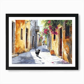 Rhodes, Greece   Cat In Street Art Watercolour Painting 3 Art Print