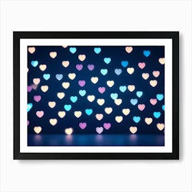 Abstract Image Of A Dark Blue Background With A Scattering Of Heart Shaped Bokeh Lights In Various Shades Of Blue, Pink, And Yellow Art Print