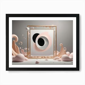 3d Rendering Of A Golden Frame Holding A Abstract Artwork With A Black Circle, Pink Shapes, And A White Background Art Print