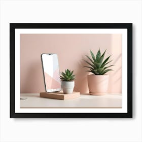 A Modern, Minimalist Image Of A Smartphone With A Blank Screen, Placed On A Wooden Charging Stand 1 Art Print