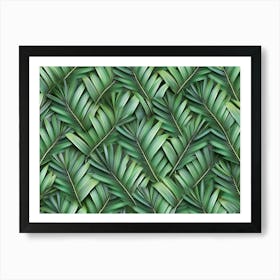 Tropical Background with Green Textured Palm Leaves Foliage Seamless Pattern Hand Drawn Premium Vintage 3d Art Print