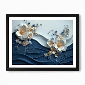 3d Artwork White and Blue Background with Golden Jewelry and Flowers in Black Design Art Print