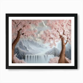 3d Luxury Artwork With A Golden Japanese Landscape And Cherry Blossoms, Sakura , White Waterfall 1 Art Print