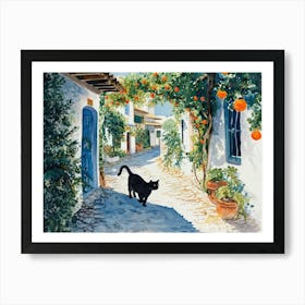 Bodrum, Turkey   Black Cat In Street Art Watercolour Painting 3 Art Print