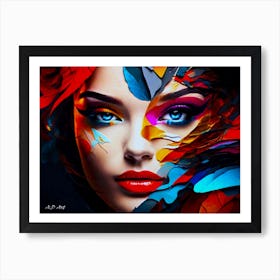 Women Face - Close Up with Abstract Color of Paper And Leafs Art Print