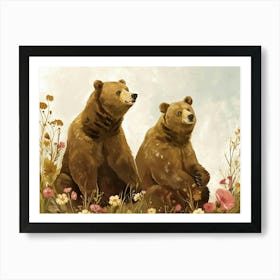 Floral Animal Illustration Brown Bear 1 Poster