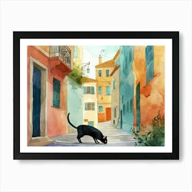 Marseille, France   Cat In Street Art Watercolour Painting 2 Art Print