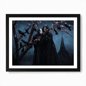 A Gothic Styled Digital Painting Setting A Dark Atmospheric Scene Black Crows Nestled On Intertwi Art Print