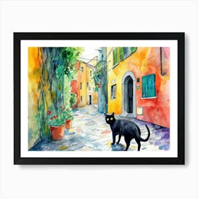 Black Cat In Reggio Calabria, Italy, Street Art Watercolour Painting 4 Art Print