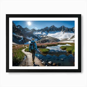 Woman trekking at snowy winter Alps, Rocky Mountains 10 Art Print