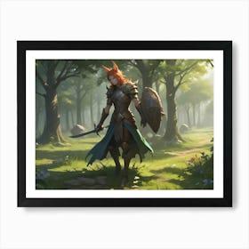 A Warrior With Fox Ears And A Sword, Wearing Armor, Stands In A Forest Clearing Art Print